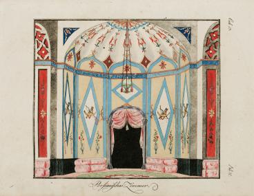 Johann Gottfried Grohmann, Persianisches Zimmer, 1797, Kupferstich, altkoloriert, 15,8 x 18,1 cm, LWL-Landesmuseum für Kunst und Kulturgeschichte. Foto: LWL