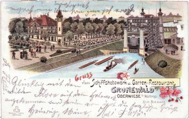 Kulinarisches gibt es nach der Führung im benachbarten Restaurant Papachristos, früher Gartenrestaurant "Grunewald" (links auf der historischen Postkarte, abgestempelt am 28.10.1899). Repro: LWL