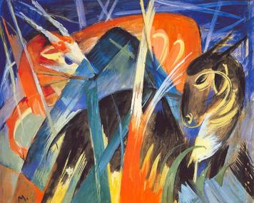 Franz Marc, Fabeltiere I (Tierkomposition I), 1913, Tempera auf Papier, 25,4 x 31,6 cm, Sammlung Deutsche Bank
