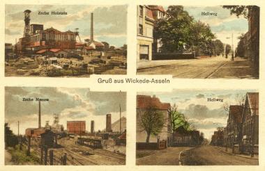 Die Grußkarte mit Ansichten aus Wickede-Asseln um 1910 zeigt auch die Zeche Holstein.<br>Postkartensammlung LWL-Industriemuseum<br />