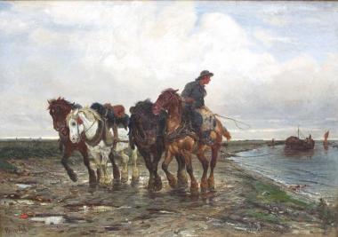 Das Gemälde von Albert Brendel zeigt eine vorindustrielle Treidelszene. <br>Foto: Deutsches Pferdemuseum, Verden<br />