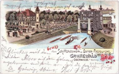 Historische Postkarte des Ausflugslokals ¿Grunewald¿ am Schiffshebewerk. In dem Gebäude befindet sich heute das Restaurant ¿Papachristos¿. <br>Repro: LWL<br />