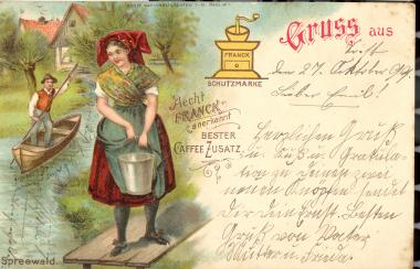 Karte aus dem Spreewald mit Grüßen aus Soest und Werbung für 'Francks Caffee-Zusatz' aus dem Jahr 1899. Die Abbildung, der Werbe-aufdruck und der Platz für den Text teilen sich die Rückseite, während die gesamte Vorderseite für die Adresse vorgesehen ist.<br>Repro: LWL<br />
