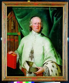 Der Cappenberger Propst Goswin Mauritz von Ketteler (amtierend von 1739 bis 1784) vor seiner Bibliothek.<br>Foto: LWL/Ahlbrand-Dornseif<br /> 