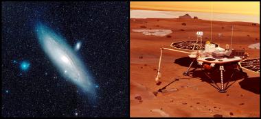 "Die Andromeda-Galaxie (links) und die Raumsonde Phoenix auf dem Mars (rechts)"<br>Foto: D. de Martin / NASA<br />