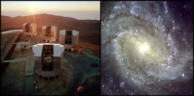 "Die "VLT"-Teleskope der ESO (links) und die mit ihnen fotografierte Spiralgalaxie M83 (rechts)".<br>Foto: ESO<br />