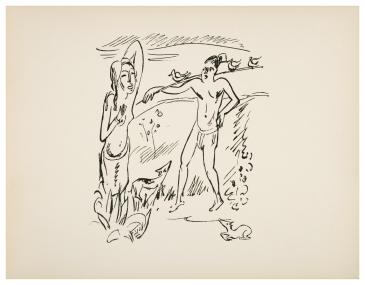 Max Pechstein, Reisebilder. Italien-Südsee, XV. Werk der Pan Presse, Berlin 1919, Titel der Abbildung: Reisebilder 45 (Vogelfänger).