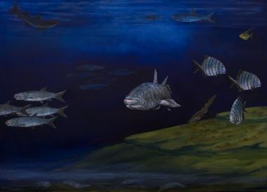 Lebensbild von Uffeln vor ca. 250 Millionen Jahren. <br>Ölgemälde: Sippel, Ennepetal<br />