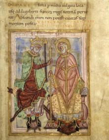 Der König setzt den Bischof ein. Dieses Bild in der Vita Sancti Audomari gilt als eine der schönsten Darstellungen eine Bischofsernennung. <br>Foto: Saint Omer, Bibliothèque de l'Agglomeration.<br />