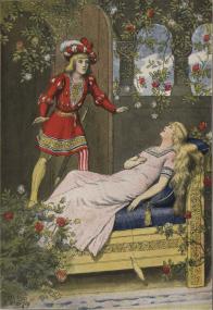 Ein alter Held ¿ der Märchenprinz kommt zur rechten Zeit und erweckt Dornröschen aus ihrem Dauerschlaf. Illustration um 1900. <br>Repro: LWL<br />