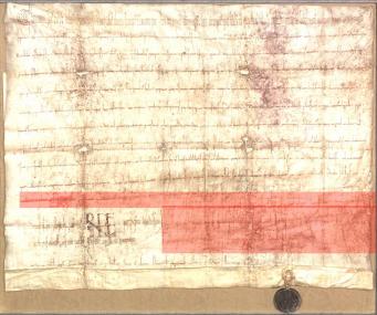 Hier war eine Fälscherin am Werk:  Der rot unterlegte Bereich markiert die Ergänzungen, die Fürstäbtissin Adelheid von Essen an der Originalurkunde vornahm. <br>LWL-Museum für Archäologie<br />