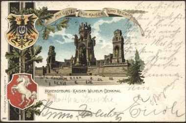 Das Syburgdenkmal mit Reichswappen und Westfalenross. Bildpostkarte von ca. 1910 <br>Sammlung LWL-Industriemuseum<br />