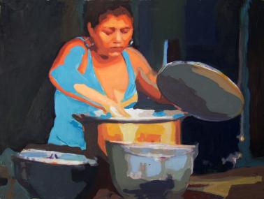 Eine Köchin zeigt dieses Gemälde von Cecilia Herrero-Laffin. <br>Foto: LWL<br />