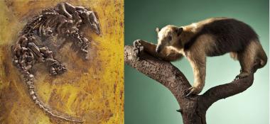Als die ¿Blaue Mauritius¿ unter den Messel-Fossilien gilt der 1974 gefundene Ameisenbär (li.), dessen lebender Nachfahre rechts zu sehen ist. Der Ameisenbär ist das einzige vollständige Exemplar eines fossilen Ameisenbären außerhalb von Südamerika.   <br>Fotos: HLMD/Fuhrmannek, LWL/Oblonczyk<br />