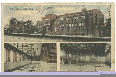 Postkarte der Zeche Julia in Herne mit Jugendstil-Fassaden sowie seltenen Innenaufnahmen des Bade- und des Umkleideraums für die Arbeiter. <br>Foto: LWL<br />