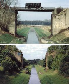 Die Emscher in Dortmund-Ellinghausen mit und ohne Eisenbahnbrücke. <br>Foto: Hans-Georg Rubenschuh / Repro: LWL<br />