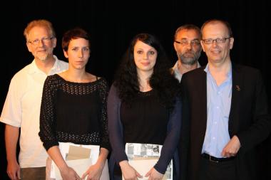 Die Gewinner des Westfälischen Kurzhörspielawards: Ludger Haumann (v.l.), Lara Sielmann, Stefanie Heim und das Autorenduo Karr & Wehner. <br>Foto: LWL<br />