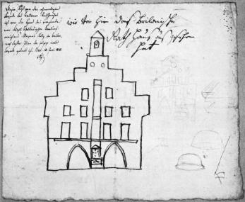 So zeichnete Johannes Mattäus Kitz das Rathaus in Brilon bevor es 1755 barock umgestaltet wurde. <br>Repro: LWL