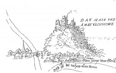 Die  Zeichnung von Johann Jacob Kremer aus dem Jahr 1583 zeigt die Burg Vlotho von Südosten. Zahlreiche Details stimmen aber nicht, wie z.B. das Tor, das tatsächlich auf der anderen Seite gelegen hat. <br>Repro: LWL