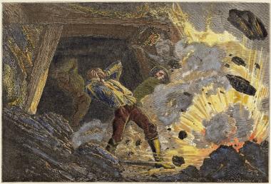 Kolorierter Holzstich einer Grubengasexplosion, um 1865.<br>Foto: LWL 
