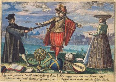 Adliger Student in Köln auf einem Stammbuchblatt um 1600 - zwischen geistlicher Sendung und lockender Dame: auch Cappenberger Stiftsherren studierten in Köln. <br>Foto: LWL