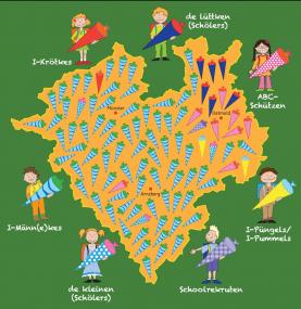 Die LWL-Sprachforscher haben eine Karte entworfen, die die häufigsten Bezeichnungen für Schulanfänger in den westfälischen Mundarten zeigt. <br>Graphik: LWL/Weide