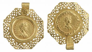 Römisches Reich, Schmuckanhänger mit Aureus von 201 n. Chr. des Septimius Severus und des Caracalla aus Laodikeia/Syrien, 1. Hälfte des 3. Jahrhunderts, gefunden 1961 in Hornoldendorf, Kreis Lippe.<br>Foto: LWL/Ahlbrand-Dornseif