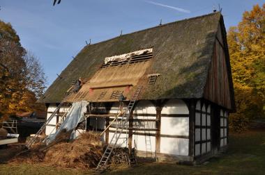 Im LWL-Freilichtmuseum Detmold können Besucher noch bis zum Saisonende an diesem Samstag das alte Bauhandwerk Reetdecken beobachten.<br>Foto: LWL/Michels