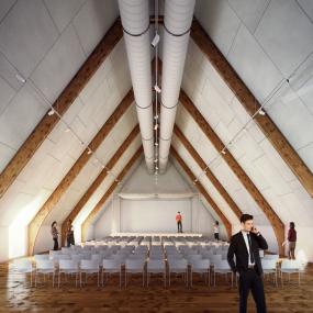 Mögliche Ansicht des großen Veranstaltungsraums im OG der Vorburg.<br>Foto: Pfeiffer_Ellermann_Preckel Architekten und Stadtplaner BDA; Visualisierung: SICKNIFIKANT Architektur & Mediengrafik