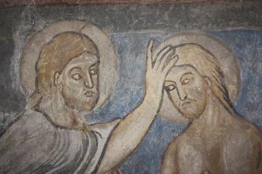 Taufe Christi , Ausschnitt einer Wandmalerei in Schmallenberg-Berghausen.<br>Foto: LWL/Engelmann.