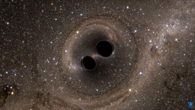 Gravitationswellen werden von zwei miteinander verschmelzenden Schwarzen Löchern ausgesandt.<br>Grafik: SXS