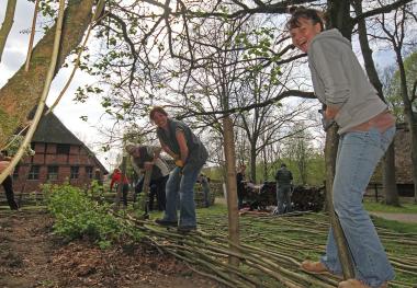 Wie wird ein Zaun geflochten? Hilfestellung gibt es im LWL-Freilichtmuseum Detmold.<br>Foto: LWL/Jähne