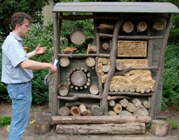 Der Umweltmanagementbeauftragte Peter Gillmann prüft das Bienenhotel auf dem Umweltpfad der LWL-Klinik Münster. <br>Foto: LWL.
