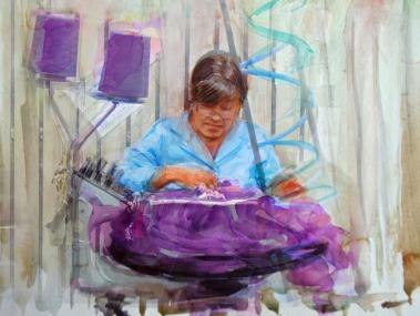 Näherin im Werk von San Remo. Gemälde (Aquarell / Mischtechnik) von Cecilia Herrero-Laffin, 2016.<br>Foto: LWL/Hudemann
