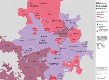 Die konfessionellen Unterschiede in Westfalen waren bereits 1545 deutlich zu erkennen. Die Karte zeigt den Konfessionsstand in den verschiedenen westfälischen Territorien. <br>Foto: Institut für vergleichende Städtegeschichte