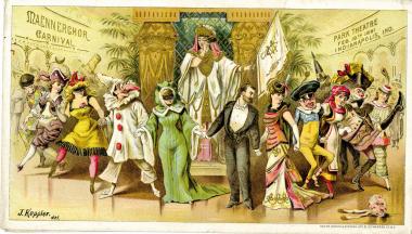 Auch der deutsche Karneval wurde in die USA importiert. Der Männerchor lud im Jahr 1881 mit dieser farbenfrohen Einladung zu einer Karnevalsfeier im Park Theatre in Indianapolis ein.<br>Foto: LWL