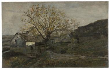 Das Ölgemälde "Häuser in Optevoz, mit Apfelbaum" des Künstlers Charles-François Daubigny zeigt eine naturalistische Landschaftsdarstellung.<br>Foto: LWL-Museum für Kunst und Kultur, Münster / Sabine Ahlbrand-Dornseif