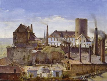 Die Harkortsche Fabrik auf Burg Wetter an der Ruhr auf einem Gemälde von Alfred Rethel (1884). Die Darstellung gehört zu den frühesten deutschen.<br>Foto: Museum für Kunst und Kulturgeschichte Dortmund