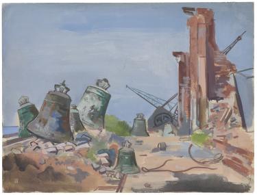 Hanns Hubertus Graf von Merveldt (1901 - 1969) zeigte, wie im Bild "Beschlagnahmte Glocken" von 1948, die zerstörerischen Folgen des Zweiten Weltkriegs. Stiftung Eka Gräfin von Merveldt,<br>Foto: LWL/Hanna Neander,<br>© Nachlass des Künstlers