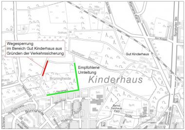 Wegsperrung (rot markiert) für Fußgänger, Radler und Reiter in Kinderhaus: Die empfohlene Umleitung (grün markiert) führt über die Nordmark nach Norden und bindet dort wieder an die bekannte Münsterlandreitroute und die Fußgänger- und Radwege an.<br>Grafik: LWL