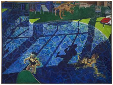 Tadeusz' Werk "Swimmingpool" strahlt in satten Blau- und Grüntönen und zeigt seinen meisterhaften Umgang mit Lichtphänomenen. Norbert Tadeusz, Swimmingpool, 1993, Albertina, Wien, Rafael and Teresa Jablonka Foundation. © VG Bild-Kunst, Bonn 2020.<br>Foto: LWL/Hanna Neander.