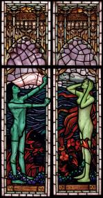 Melchior Lechters Glasgemälde zeigt die voneinander getrennten namensgebenden Liebenden Tristan und Isolde und vereint christliche, literarische und musikalische Mo-tive mit einer besonderen Lichtwirkung. "Tristan und Isolde"-Fenster, 1896.<br>Foto: LWL / Sabine Ahlbrand-Dornseif