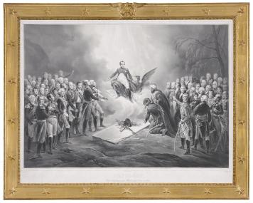 Napoleon Bonaparte fährt auf dem als Kunstwerk des Monats Mai ausgezeichneten Bild in Richtung Himmel - umgeben von seinen früheren europäischen Gegnern. Louis Stanislas Marin-Lavigne (1797-1860) nach Victor Adam (1801-1866), Apotheose Napoleons, um 1835/40.<br>Foto: LWL/Hanna Neander