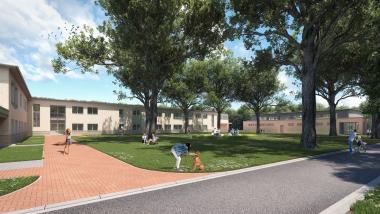 So soll das neue Klinikgebäude für Kinder- und Jugendpsychiatrie mit der Bewegungshalle auf dem Klinikgelände des LWL-Klinikums Gütersloh aussehen: hier mit Blick in den Roteichen-Innenhof.&lt;br&gt;Bild: LWL-BLB 