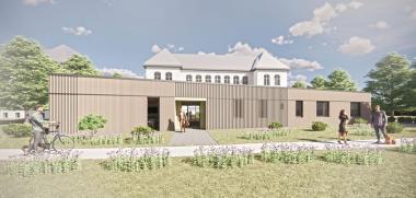 So soll der neue Zusatzbau der LWL-Akademie für Gesundheits- und Pflegeberufe auf dem Ge-lände der LWL-Klinik Münster aussehen.<br>Grafik: LWL-BLB