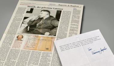 Auf Brief und Siegel - Pecunia non olet! Was als Finanzierungsgesuch für lateinische Festspiele begann, endete in einem gewitzten, lateinischen Briefwechsel zwischen dem Philologen Prof. Dr. Wilfried Stroh und dem bayerischen Ministerpräsidenten Franz Josef Strauß.<br>Nachweis: Freising, Professor (em.) Dr. Wilfried Stroh.<br>Foto: Ansgar Hoffmann, http://www.hoffmannfoto.de