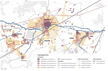 Im Rahmen der Bestandserfassung zum Denkmalpflegeplan wurde diese Karte zur Siedlungsentwicklung für den gesamtstädtischen Maßstab durch das Planungsbüro "Stadtguut" erarbeitet.<br>Karte: "Stadtguut" 2022
