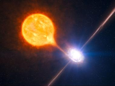 Dr. Tobias Jogler spricht im Planetarium über Supernovae. Im Bild ist eine künstlerische Darstellung eines Microquasars zu sehen. Heißes Gas des Sterns fällt zum Teil in das Schwarze Loch und bildet dabei eine Scheibe um das Schwarze Loch. Ein Teil des Gases wird jedoch auch in sogenannten Jets vertikal zur Scheibe ausgestoßen.<br>Foto: Wikipedia, cc 4.0 Lizens credit: ESO/L. Calçada/M.Kornmesser - http://www.eso.org/public/images/eso1028a/