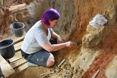 Die Fundstelle bei Balve liefert keine großen Knochen oder Skelette. Die Fossilien sind meinst klein und fragmentarisch erhalten. Die Grabungsmethoden sind entsprechend kleinteilig.<br>Foto: LWL/Schwermann