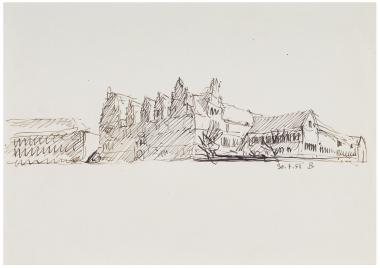 Paul Bonatz: Aufbauskizze für das Landesmuseum Münster, 1951, Sepia auf Papier.<br>Foto: LWL-Museum für Kunst und Kultur/ Hanna Neander